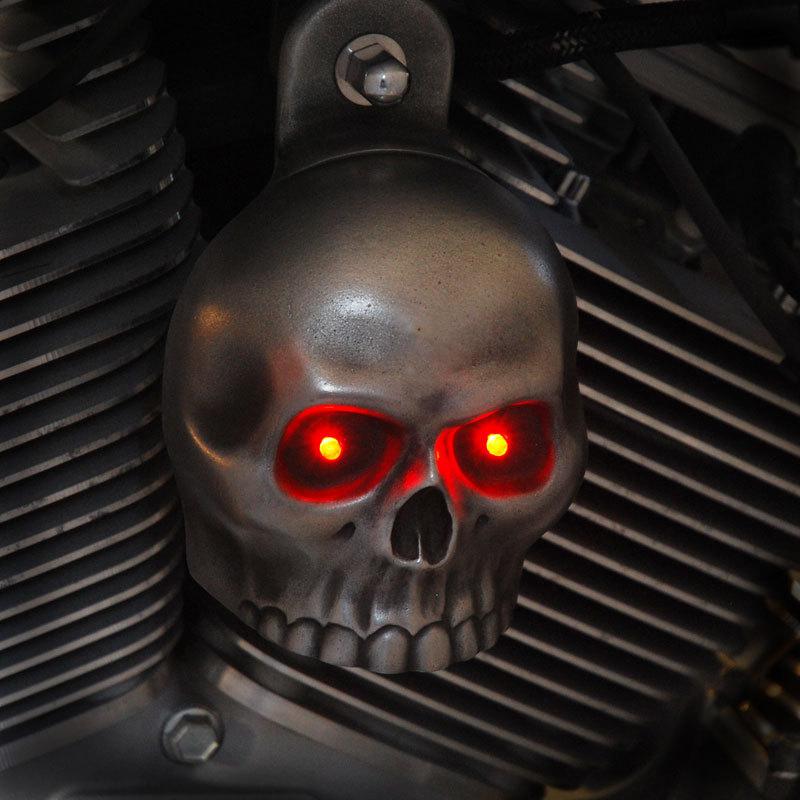 Skull horn cover. aged aluminum lighted eyes..  harley davidson