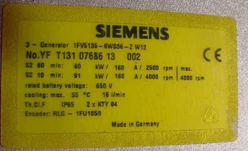 Siemens 1fv5135-6ws36-zw12 60kw 650vdc  motor generator azure dynamics/solectria
