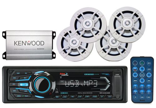 6.5&#034;white kenwood speakers, amplifier,boss marine am fm ipod usb bluetooth radio