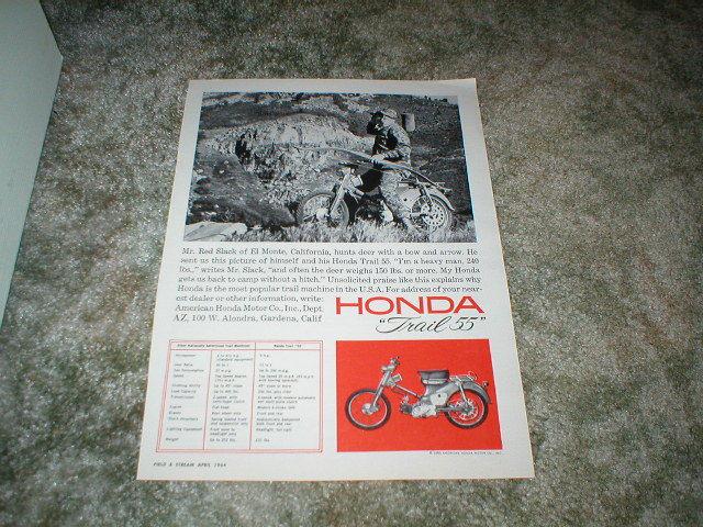 1964  honda trail "55" cycle trail bike ad hunting camping  mr. red slack