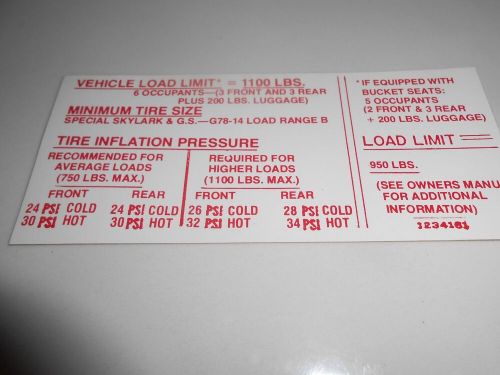 1970 reproduction buick special, skylark, g/s w/buckets tire pressure decal