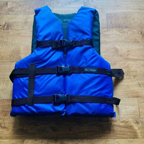 Onyx nylon adult universal life jacket blue #103000-500-004-12 user weight  90lb