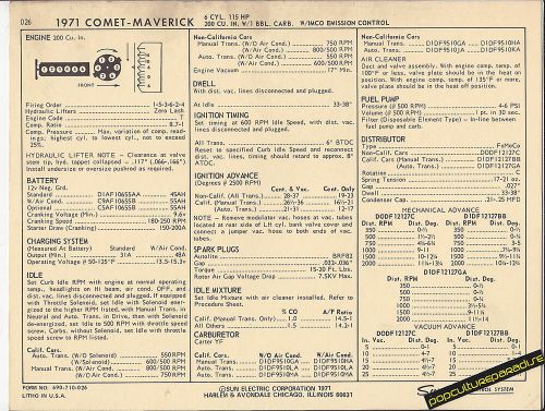 1971 ford mercury comet/maverick 100 hp / 170 ci car sun electronic spec sheet