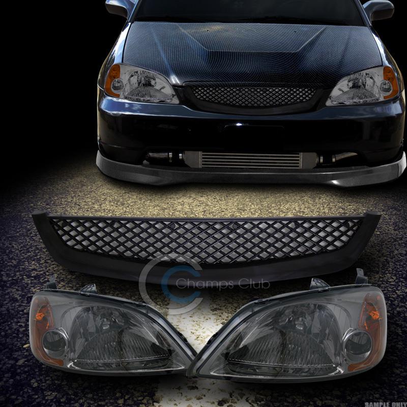 Jdm smoke head lights signal lamp amber dy+bumper grill grille 01-03 honda civic