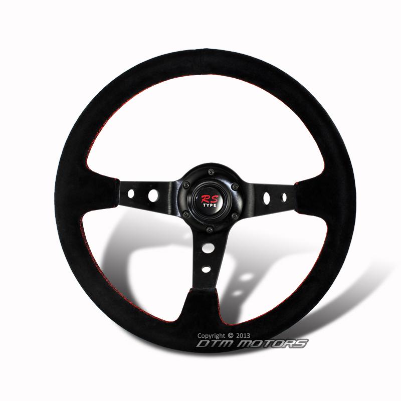 Universal 6-holed bolt 350mm deep dish style black suede leather steering wheel