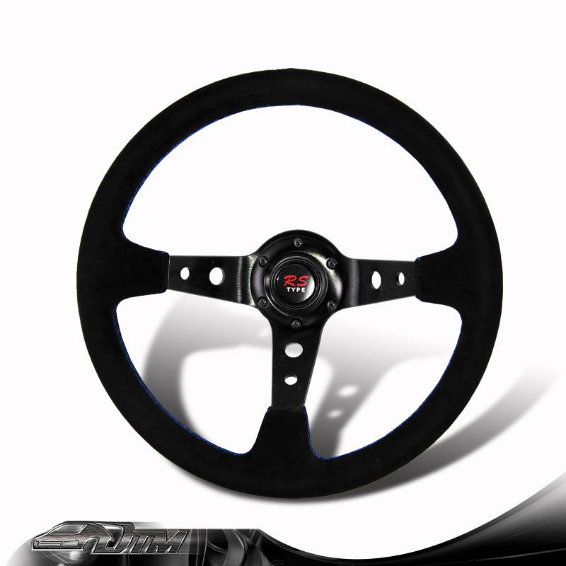 Universal 6-holed bolt 350mm deep dish style black suede leather steering wheel