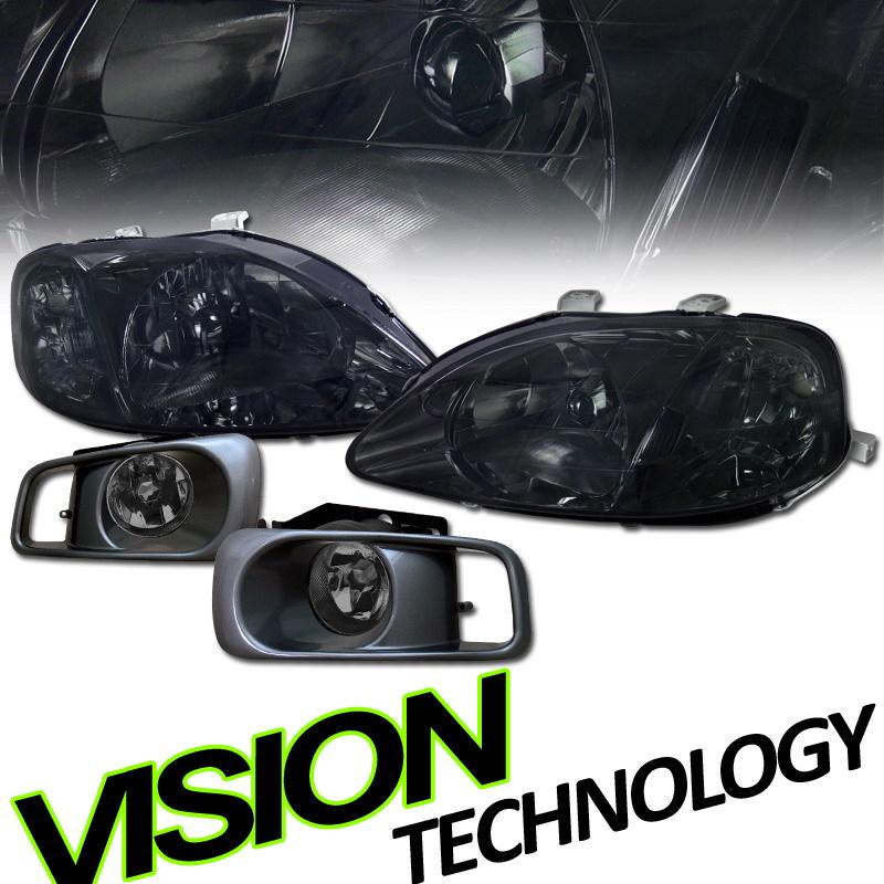 99-00 civic ek/ej/em jdm smoked lens crystal headlights assembly+fog lights kit