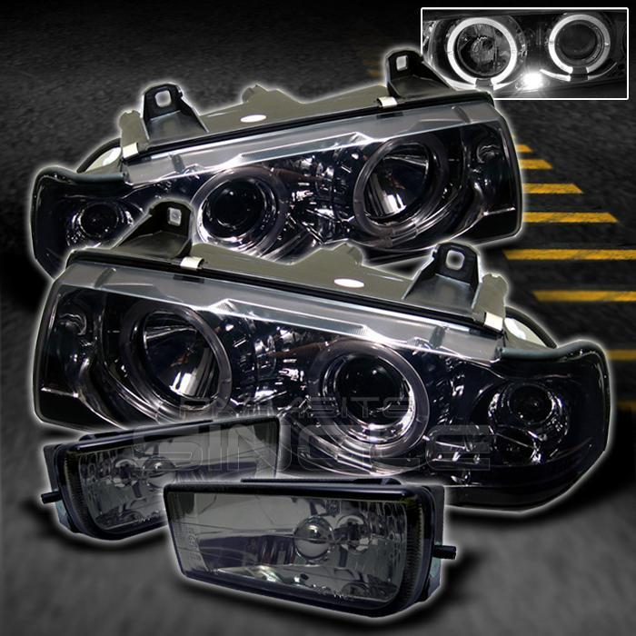 Smoked 92-98 bmw e36 3-series 4dr halo projector led headlights +fog lights