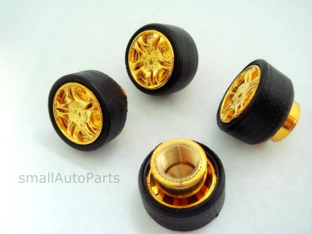 (4) gold rim wheel shape tire stem air valve caps set car truck hot rod atv 