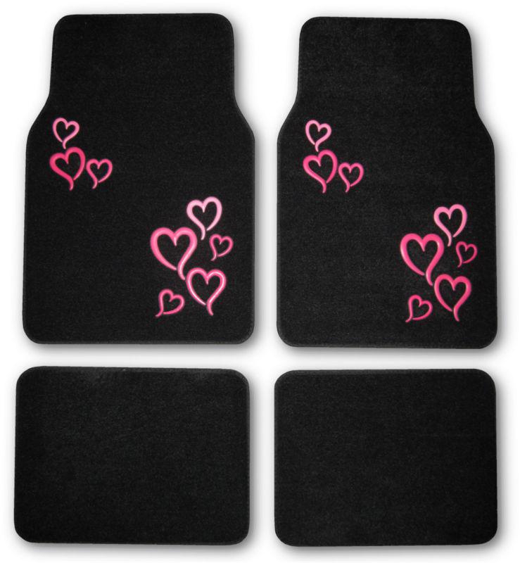 Pink hearts universal car suv front rear black carpet 4 piece floor mats set  k