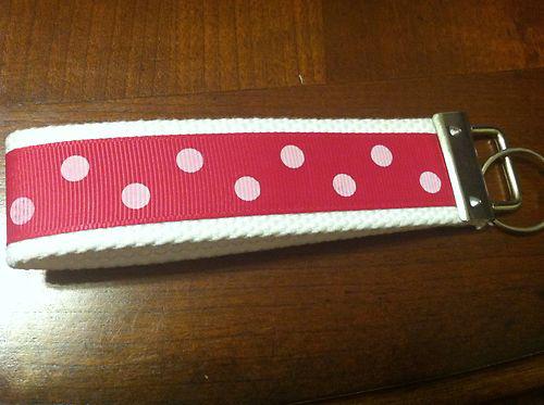 Hot pink polka dot key ring fob key chain holder