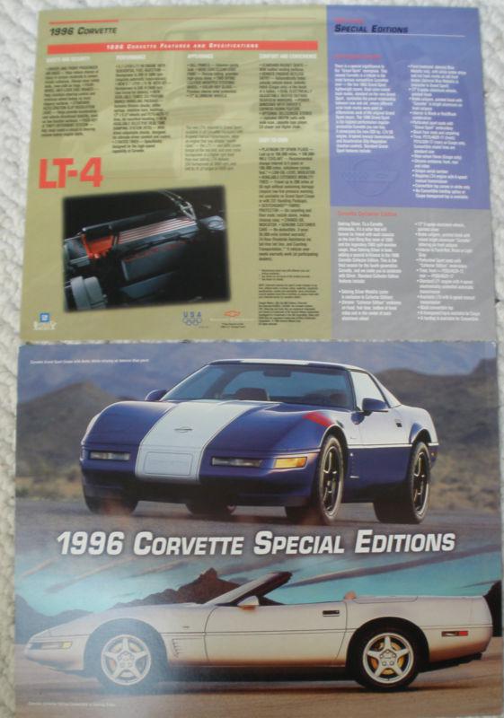 Free shipping! 1996 chevrolet corvette special editions data sheet brochure data