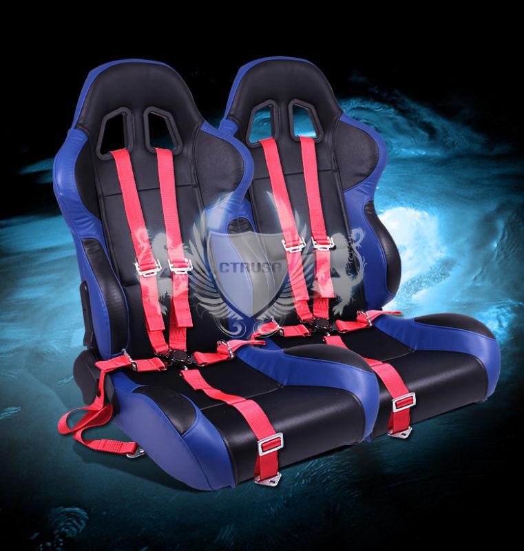 2x black/blue turino sport racing bucket seats+5-pt red belts camlock strap pair