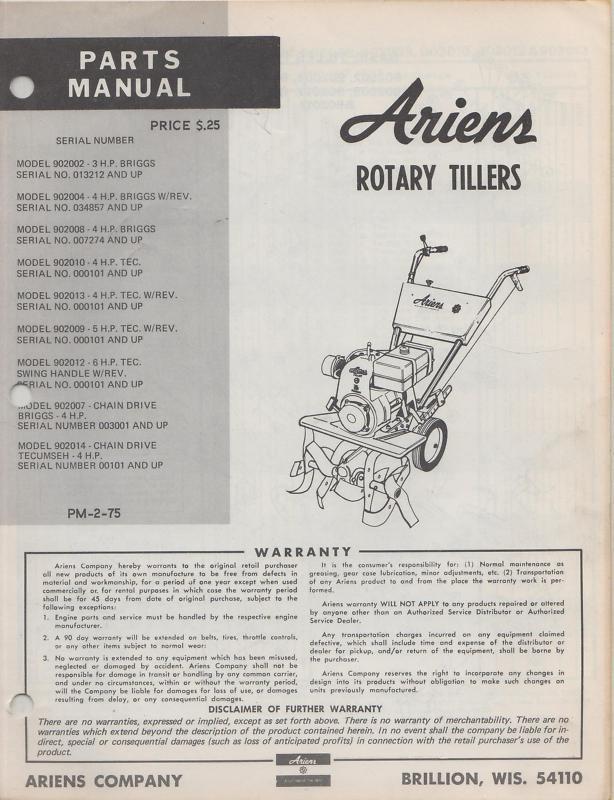  ariens rotary tillers parts manual p/n pm-2-75 (050)