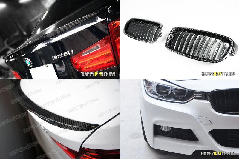 Carbon fiber bmw f30 sedan 4dr front kidney grill grille & p typ trunk spoiler