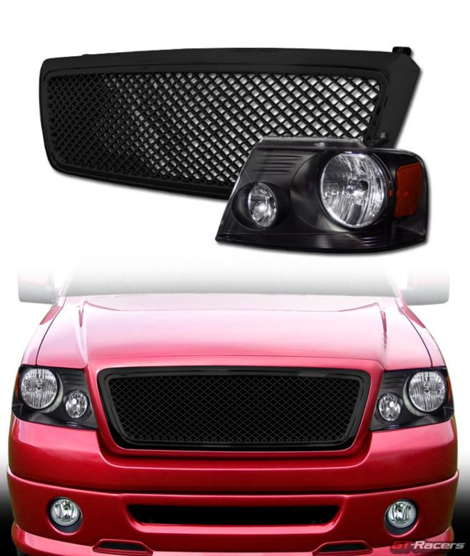 Black head lights signal amber dy+honeycomb mesh bumper grill grille 04-08 f150