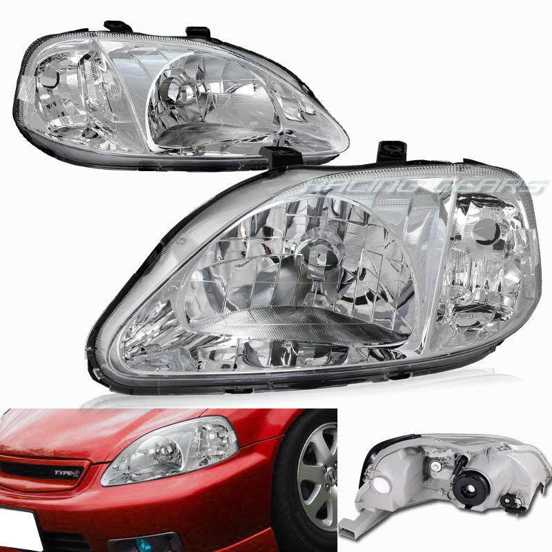 99-00 honda civic jdm chrome housing clear lens clear reflector headlight lamps