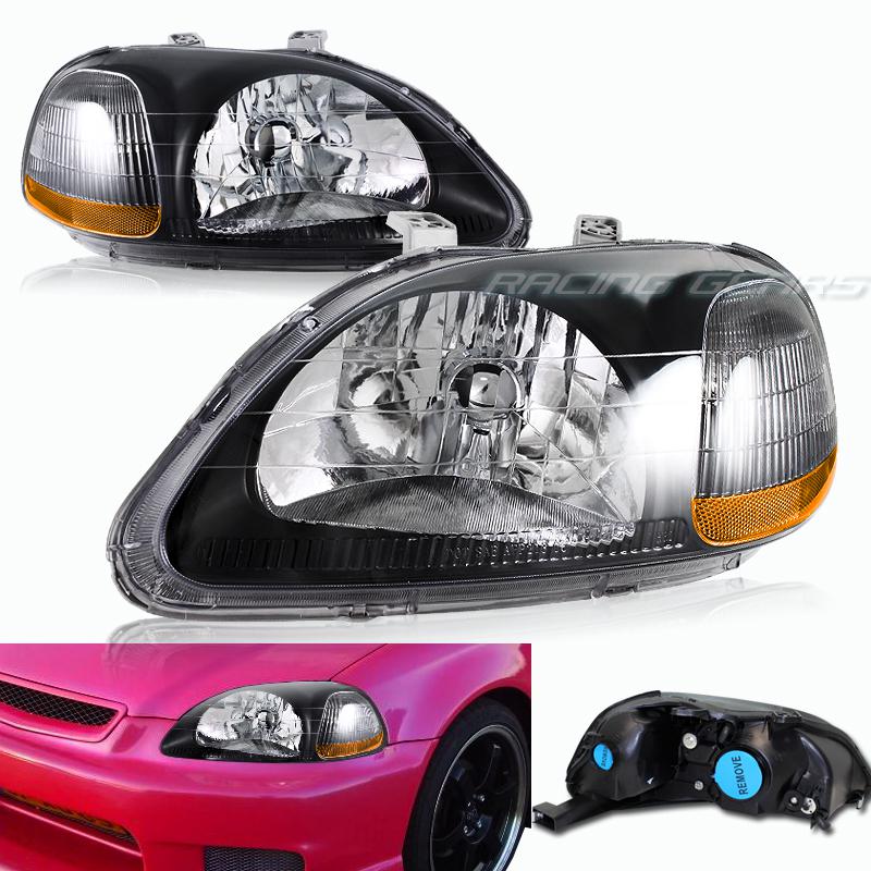 96-98 honda civic jdm black housing clear lens amber reflector headlight lamps