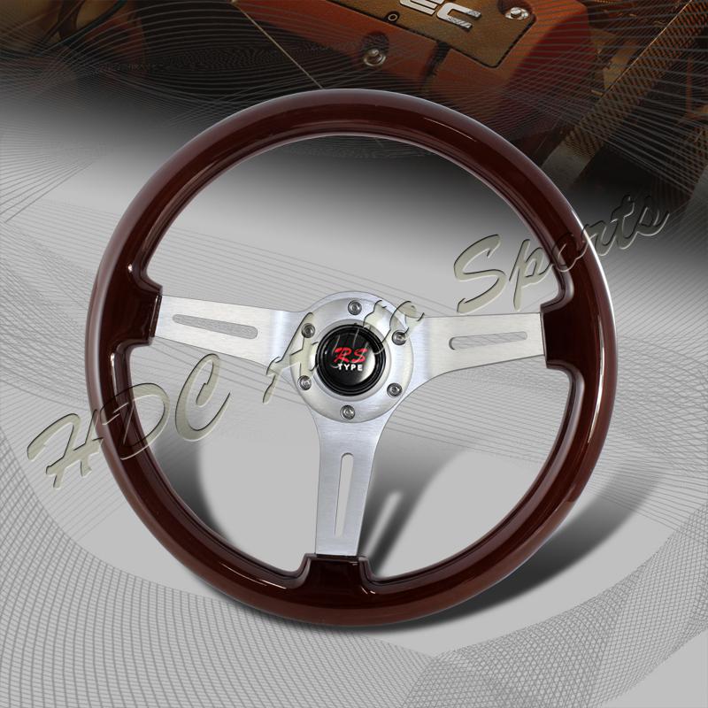 Universal 345mm 6 hole bolt lug dark wood grain style deep dish steering wheel