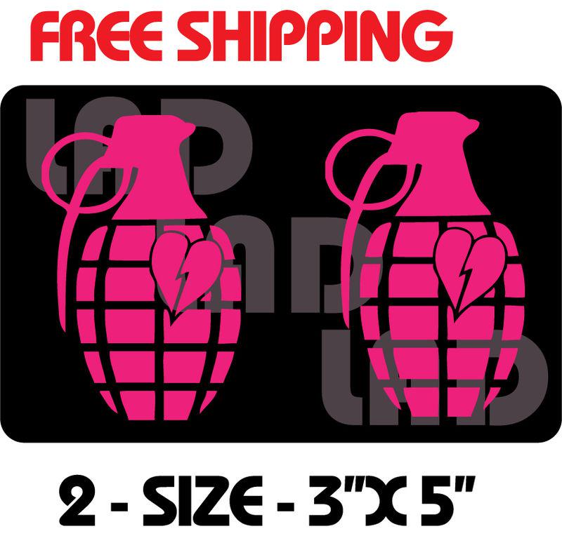 2 - grenade broken heart decal sticker 3"x5" hot pink honda acura scion subaru