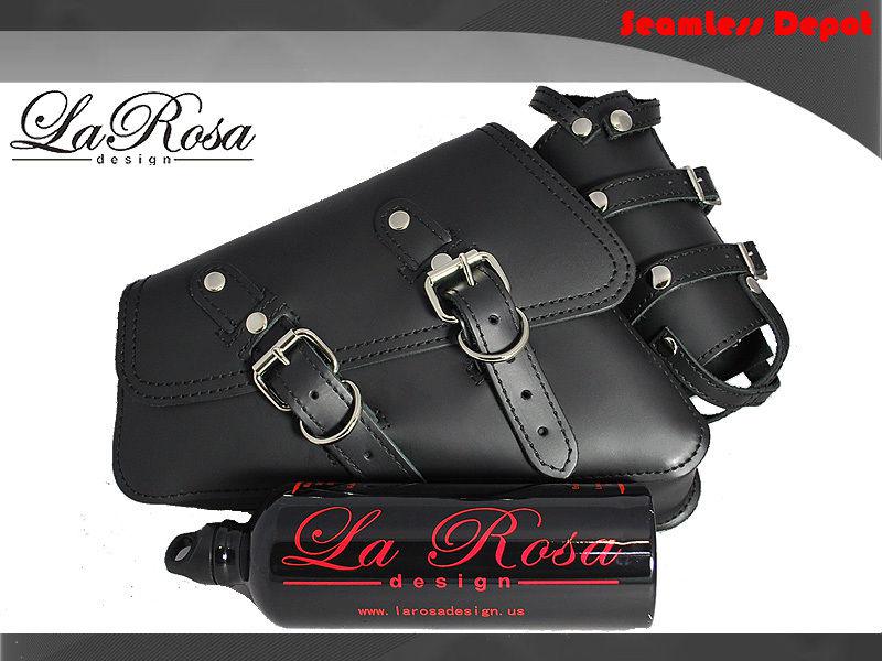 La rosa black leather left swing arm saddle bag with extra 30 oz. fuel bottle