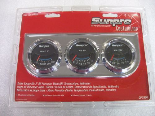 New sunpro chrome 2 inch oil water and volts triple mechanical gauge kit nos