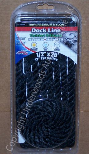 Black dock line 3-strand 1/2&#039;&#039; x 25&#039; twisted premium nylon boat docking new