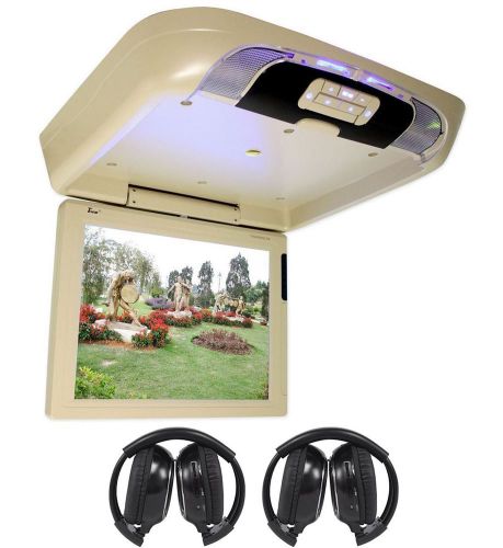 Tview t1591dvfd 15&#034; car beige flip down car dvd/usb monitor +2 wireless headsets