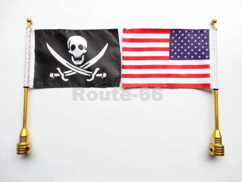 Set rear gold mount flag pole usa &amp; pirate flag motorcycles luggage rack custom