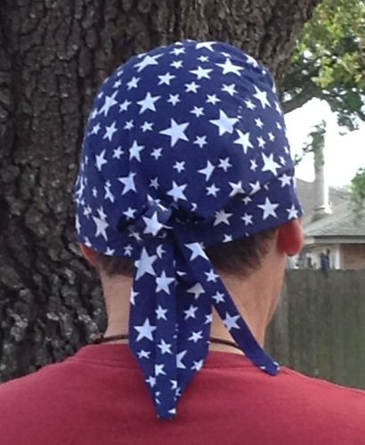 Handmade patriotic motorcycle skull cap, doo rag, bikers cap, white stars on blu