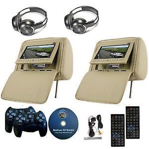 2x 7 inch car headrest dvd player radio tv monitor headphones game handles beige