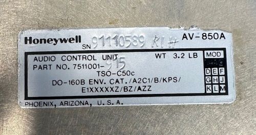 Honeywell av-850a audio panel pn: 7511001-915