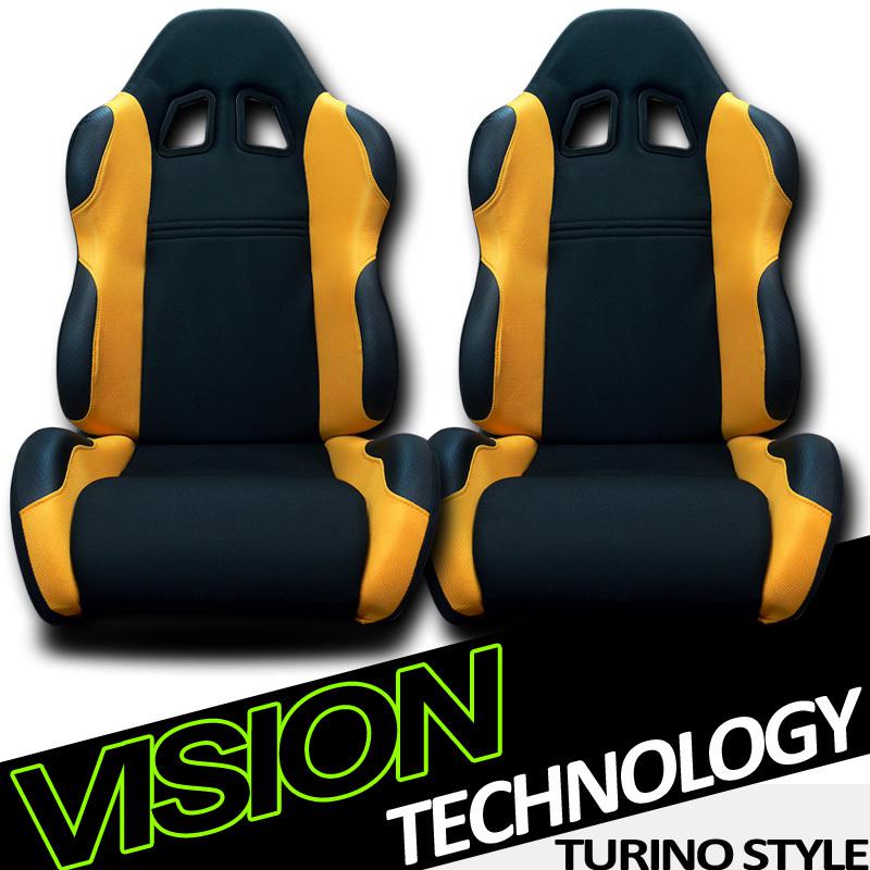 2x lh+rh black/yellow fabric & pvc leather reclinable racing seats+sliders ford