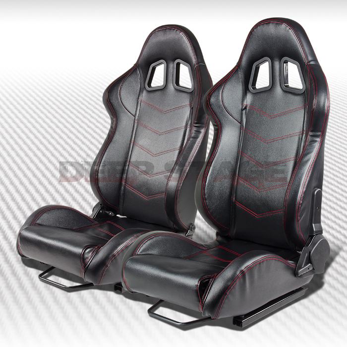 Black faux leather red stitch fully reclinable type-r racing seat pair+sliders