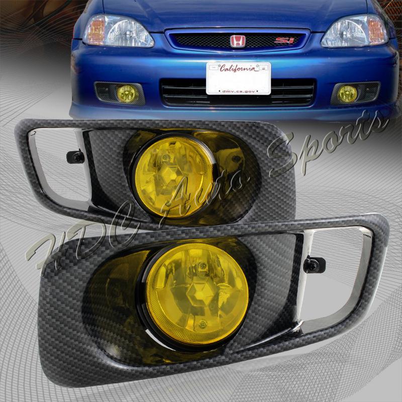 99-00 honda civic sedan yellow fog light lamps+carbon fiber paint style cover