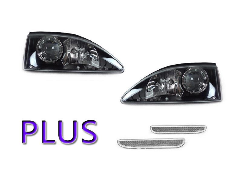 94-98 ford mustang black housing projector headlights + rear clear reflectors