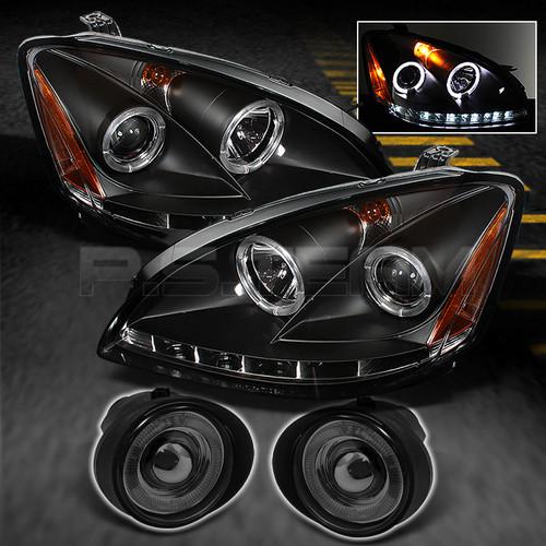 02-04 altima black halo projector led headlights+smk halo projector fog w/switch