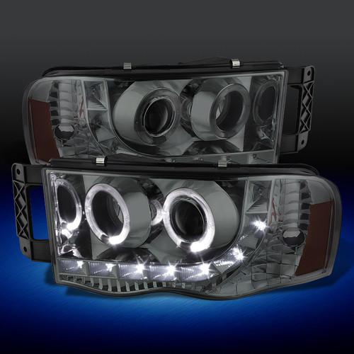 Smoked 02-05 dodge ram dual halo projector headlights w/drl daylight led strip