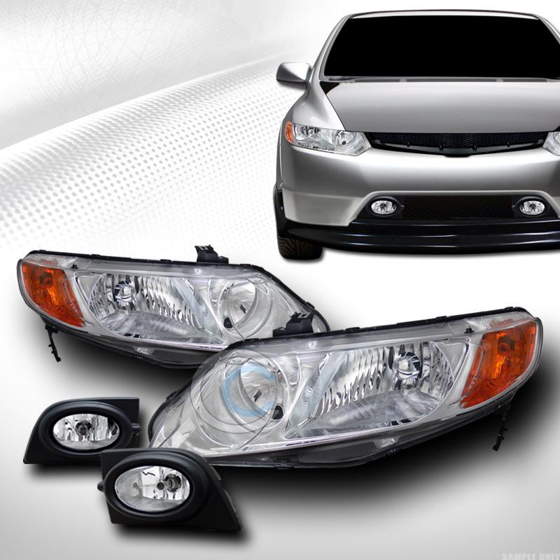 Chrome head lights amber dy+fog lamps w/switch clear 06-08 honda civic 4dr sedan