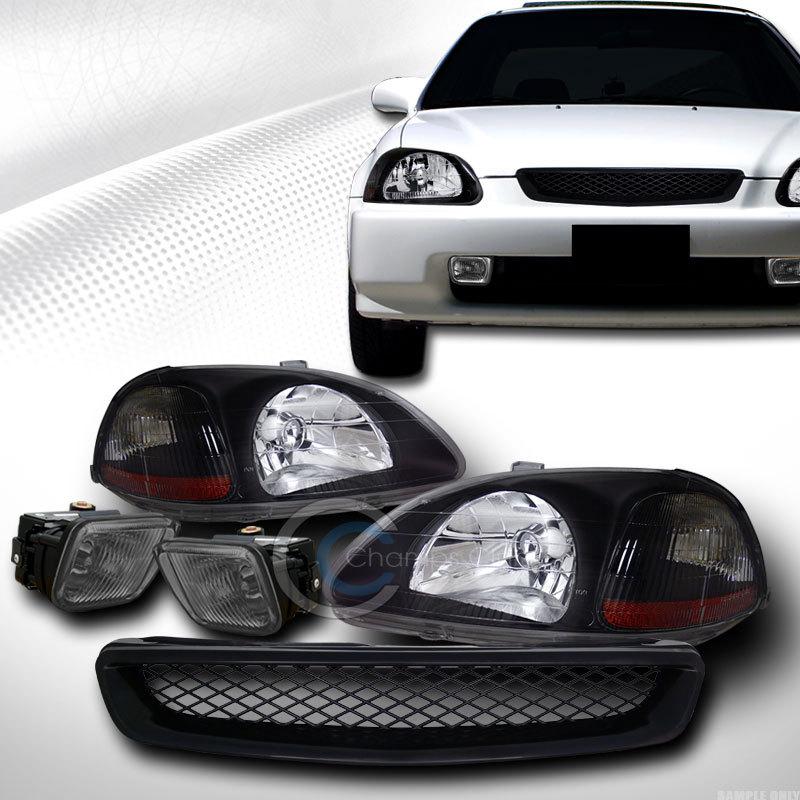 Jdm blk head lights amber dy+grill grille abs+fog lamps smoke 96-98 civic ek ek9