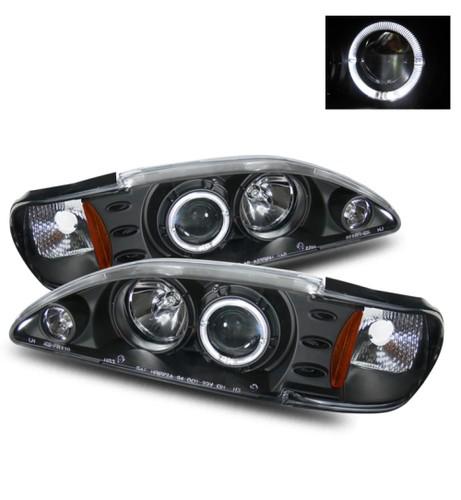 94-98 ford mustang led angel eye halo black projector headlights+amber reflector