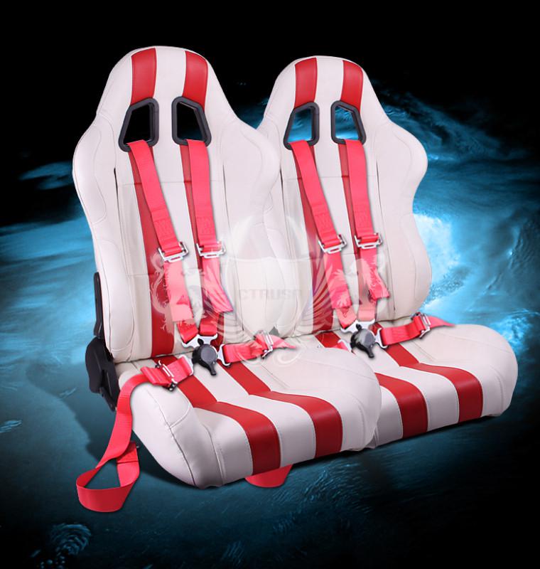 2x universal white/red stripe type-r vinyl racing seats +4-pt camlock harness