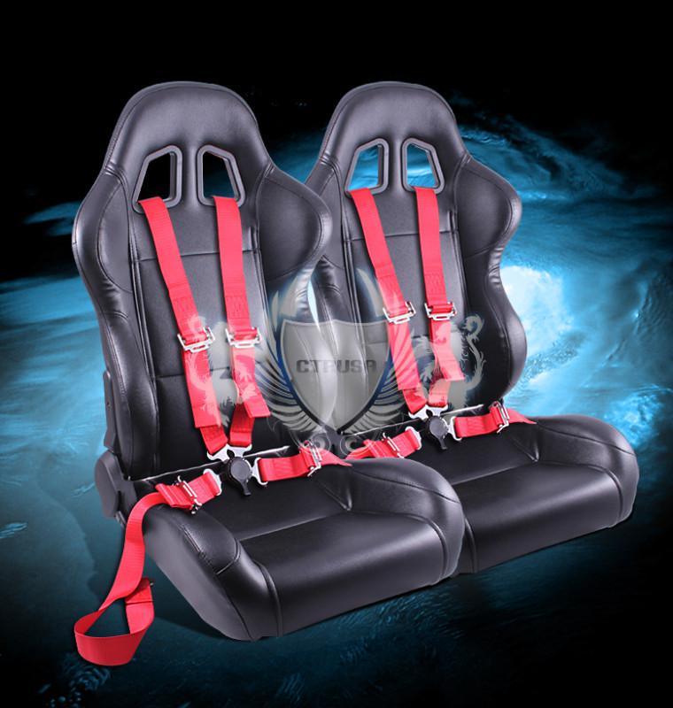 2x universal black turino racing bucket seats+4-pt red camlock harness seat belt