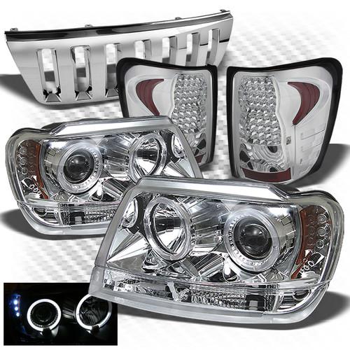 99-04 grand cherokee halo projector headlights + led tail lights + front grille