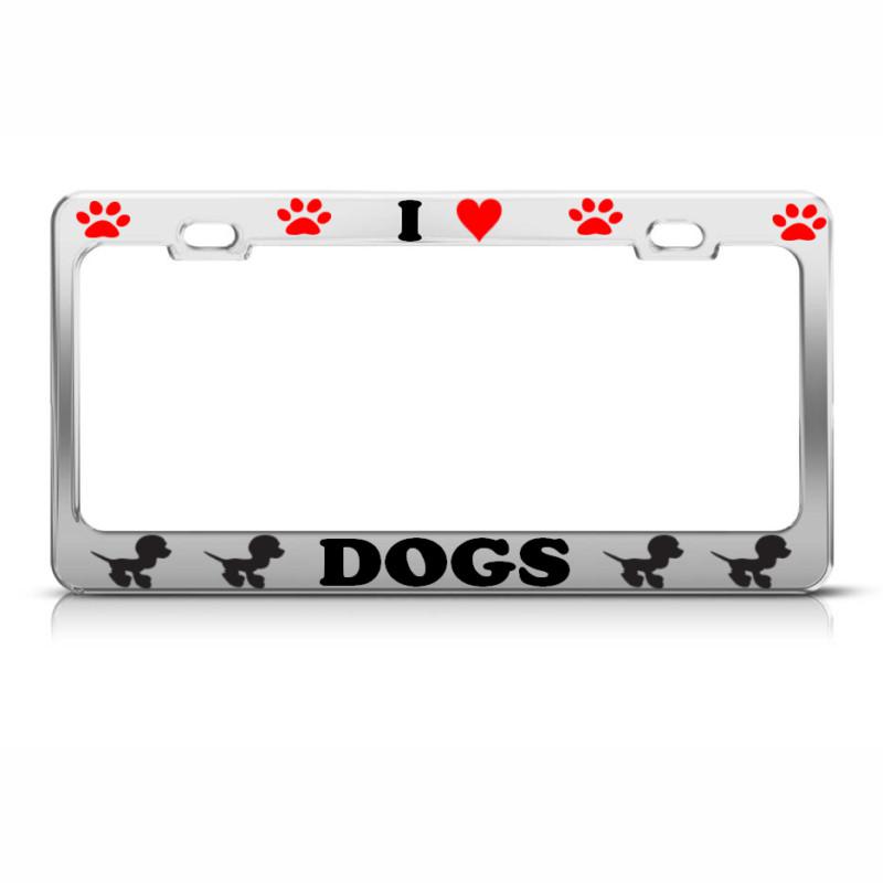 I heart love dogs metal chrome licence plate frame animal dog lover tag border