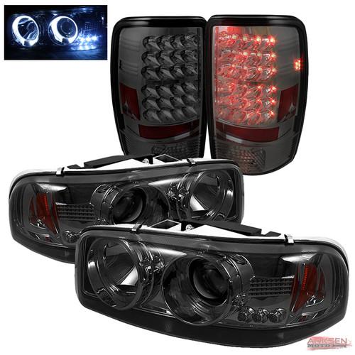 Smoked 00-06 gmc yukon halo projector headlights lamp +led brake lights pair set