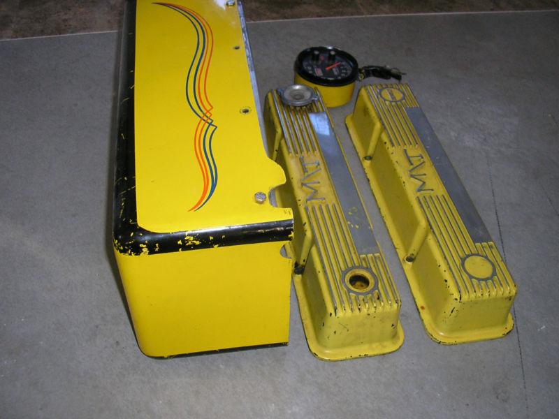 Vintage mt mickey thompson valve cover and dual quad carburetor scoop rat rod