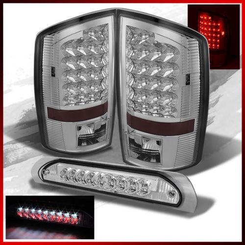 02-06 ram 1500/03-05 2500/3500 chrome led tail lights+smoked 3rd bed light combo