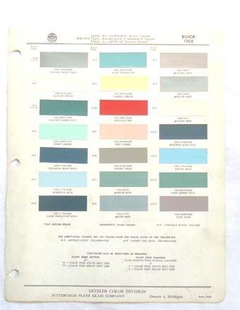 1958  buick ppg  color paint chip chart all models original 