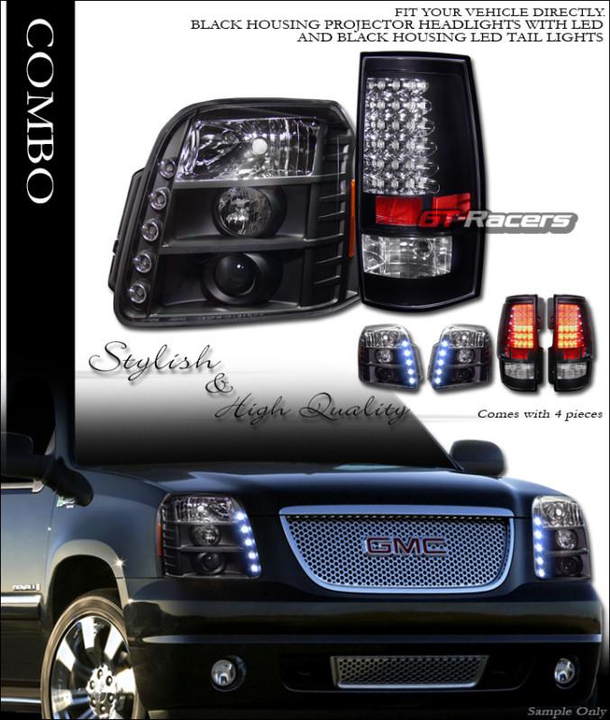 Black drl led projector head lights signal+led tail brake lamps 07-11 gmc yukon